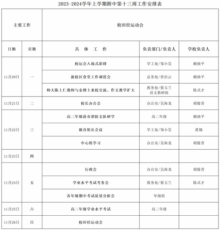 2023-2024学年上学期附中第十三周工作安排表