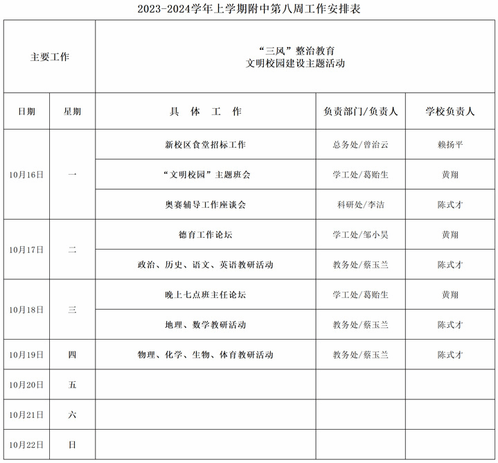 2023-2024学年上学期附中第八周工作安排表