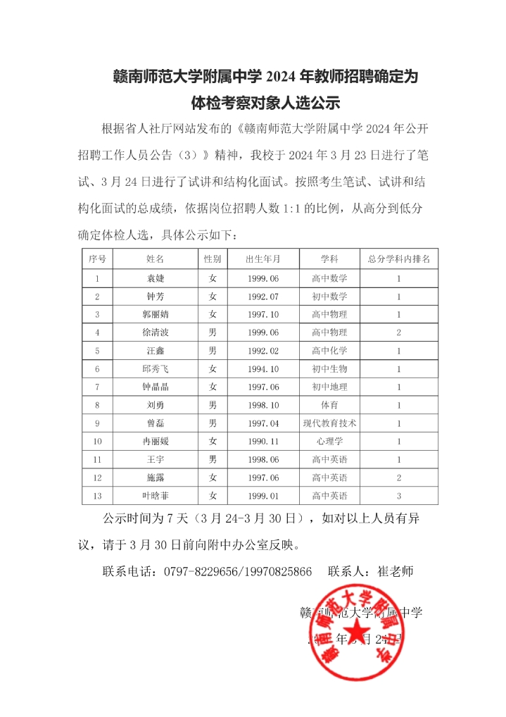 赣南师范大学附属中学2024年教师招聘确定为体检考察对象人选公示