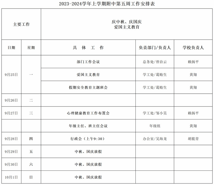 2023-2024学年上学期附中第五周工作安排表