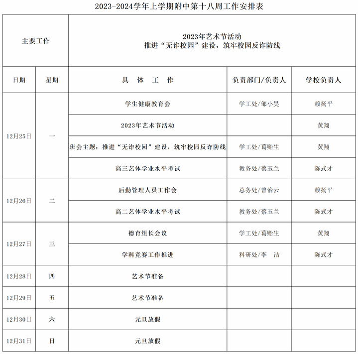 2023-2024学年上学期附中第十八周工作安排表