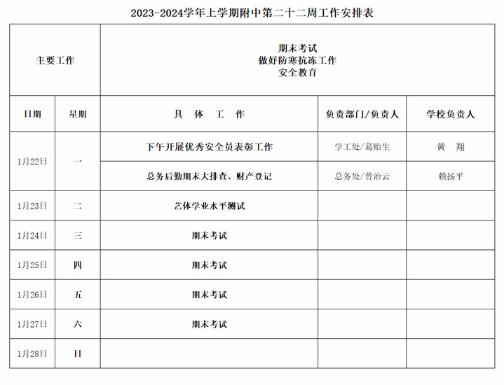 2023-2024学年上学期附中第二十二周工作安排表