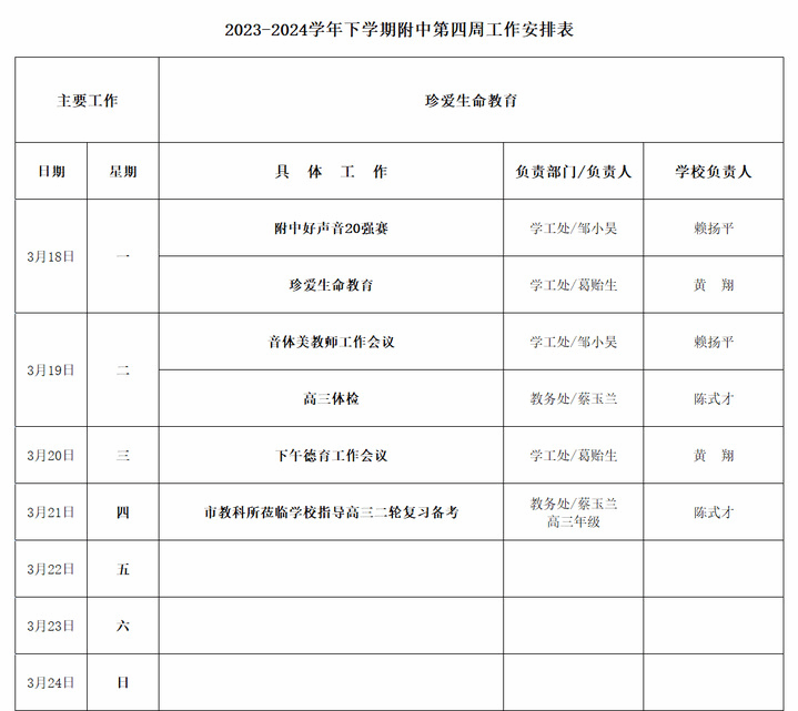 2023-2024学年下学期附中第四周工作安排表