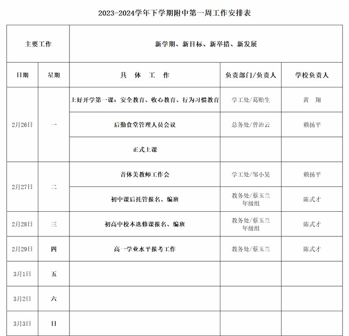 2023-2024学年下学期附中第一周工作安排表