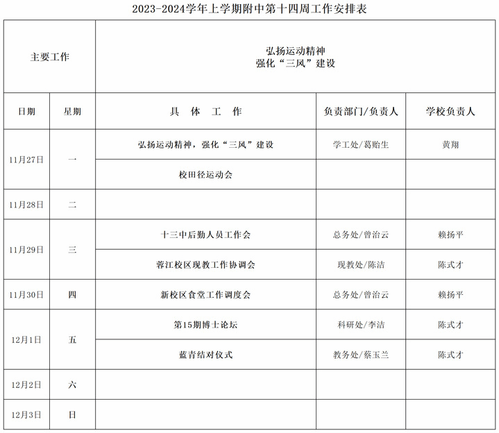 2023-2024学年上学期附中第十四周工作安排表