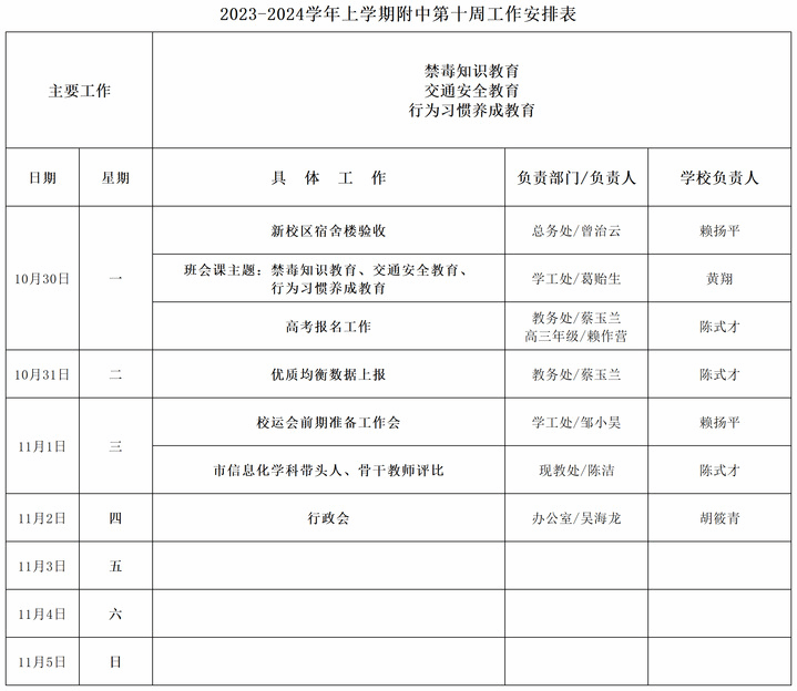 2023-2024学年上学期附中第十周工作安排表