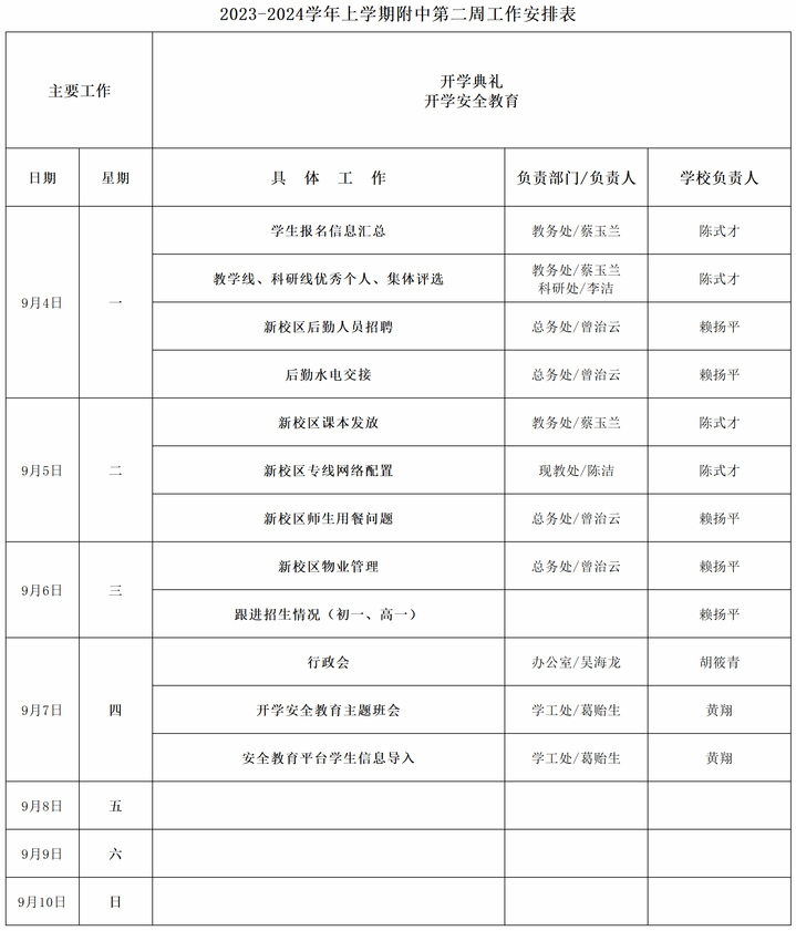 2023-2024学年上学期附中第二周工作安排表
