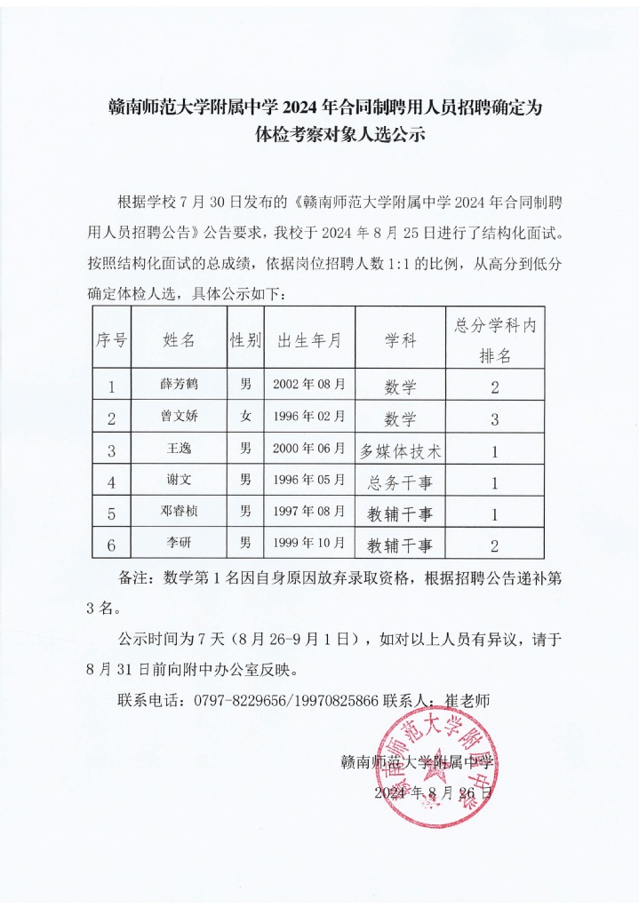 赣南师范大学附属中学2024年合同制聘用人员招聘确定为体检考察对象人选公示